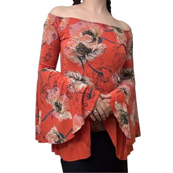 Free People Blouse Bell Sleeves Flare Floral Whimsigoth Fairy Boho Size Small - Picture 3 of 8